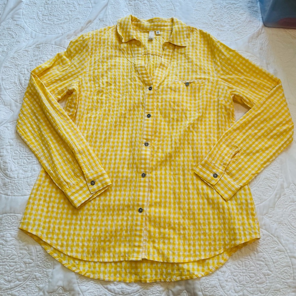 Kut from the kloth large l long sleeve Yellow Gingham Button-Up Shirt